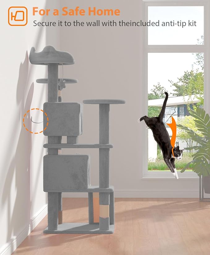 54" Cat Tree Tower for Indoor Cats Large Adult,Cute/Tall Modern Cat Tree for Big Cats 20 lbs, Plush Multi-Level Cat Condo with Scratching Posts, Dangling Ball for Fun (Light Gray, 54 inch)-Mewly Pet