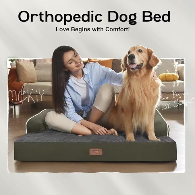 Large Dog Bed Orthopedic Washable - XXL Large Big Dogs - Waterproof with Removable Cover - Memory Foam - Beds Bolster Pet - Dogs Couch Sofa Bed - Dark Green Dog Beds-Mewly Pet