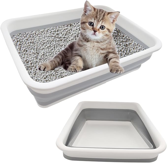 2 Pack Collapsible Small Cat Litter Box, Open Kitten Litter Potty Pan Low Entry Pet Kitty Toilet Foldable Waterproof Travel Toilet for Sick Frail Kitty 14.6 x 10.6 x 4.8 inches Grey-Mewly Pet