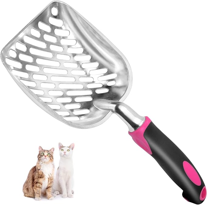 Cat Litter Scoop-Metal Cat Scooper-Long Handle Scoop,Cat Scooper-Poop Sifting-Mesh Shovel-Suitable for Cat Litter Box, (Rose Red)-Mewly Pet
