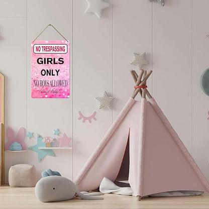 No Trespassing Girls Only Wood Sign, 8x12 Inch, No Boys Allowed Sign for Girl Cave