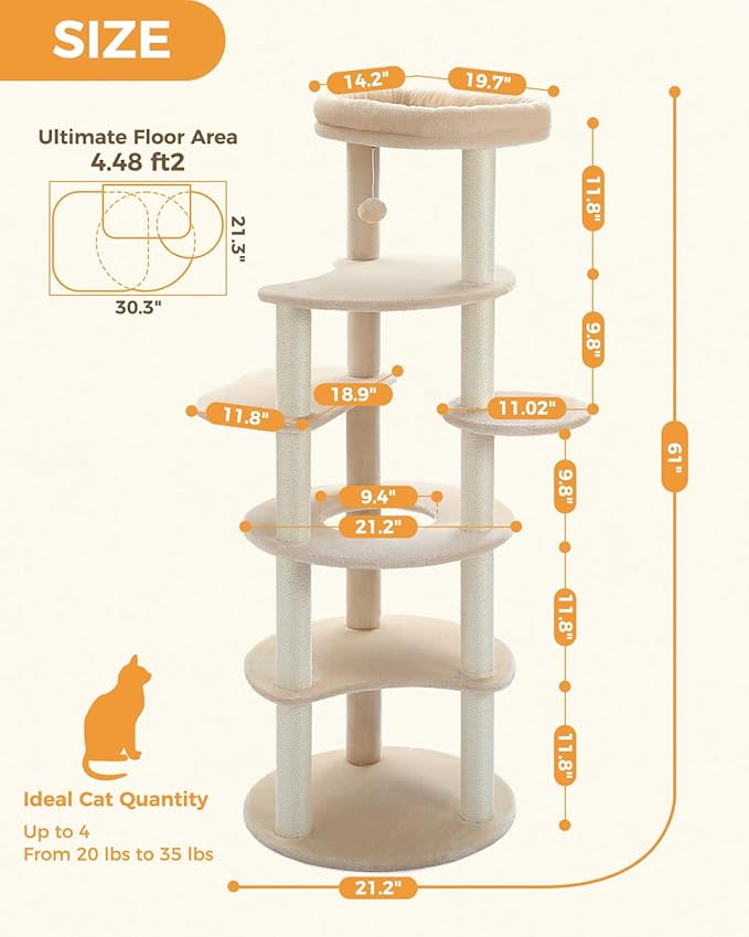 PETEPELA 61" Cat Tree for Indoor Cats, [6-Levels] Cat Climbing Tower with 9 Sisal Scratching Posts and Replaceable Dangling Ball &Top Perch, Beige-Mewly Pet