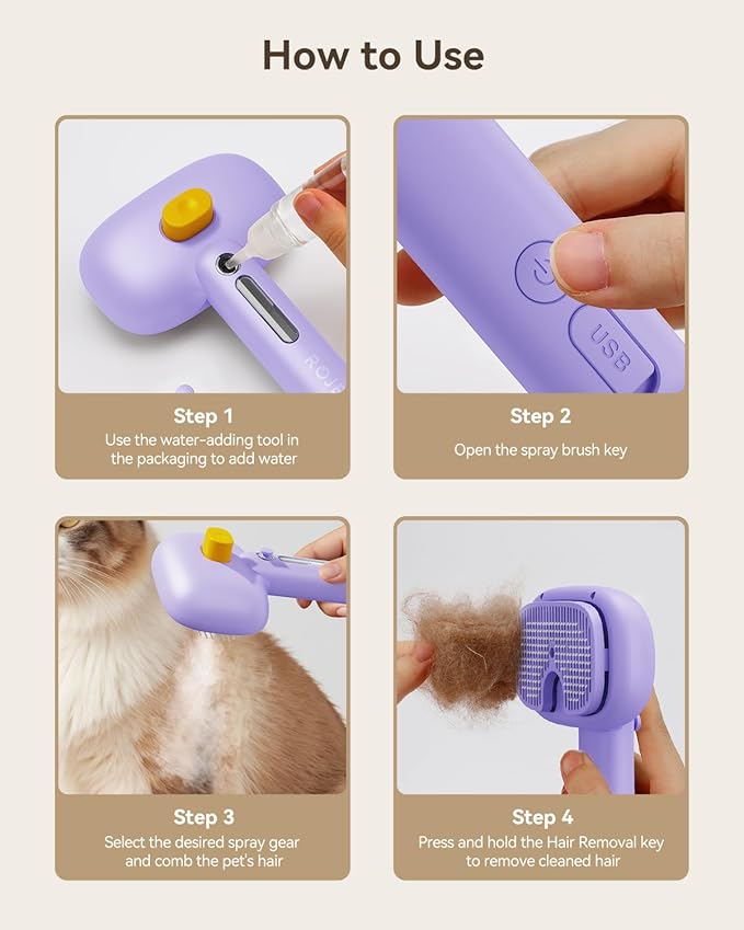 ROJECO 3-in-1 Pet Steam Brush for Cats&Dogs - Detangling Comb with Adjustable Mist, Handheld Deshedding Grooming Tool for Long/Short Hair, Massage Brush & Shedding Control Gift,Cordless,Purple-Mewly Pet