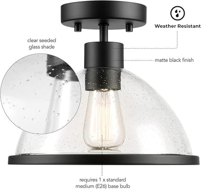 GLOBE Electric 60000121 1-Light Outdoor Flush Mount Ceiling Light, Matte Black, Seeded Glass Shade, Weather Resistant, Indoor
