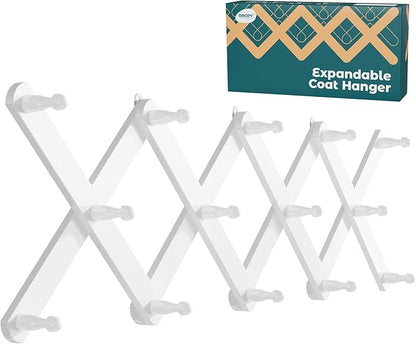 OROPY Wood Accordion Wall Hanger, Expandable Coat Rack Wall Mount with 14 Pegs, Expanding Hat Rack for Wall White