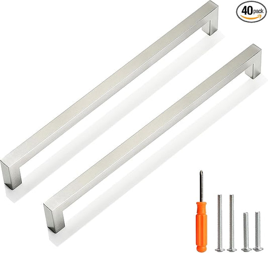 Cabinet Pulls Brushed Nickel Cabinet Handles Square Drawer Pulls, 40 Pack 10 Inch Stainless Steel Kitchen Door Cupboard Cabinet Handles, Cabinet Hardware Drawer Handles, 256mm Hole Centers