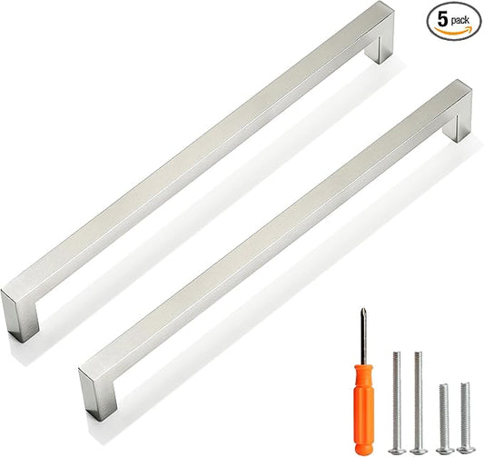 Cabinet Pulls Brushed Nickel Cabinet Handles Square Drawer Pulls, 5 Pack 10 Inch Stainless Steel Kitchen Door Cupboard Cabinet Handles, Cabinet Hardware Drawer Handles, 256mm Hole Centers