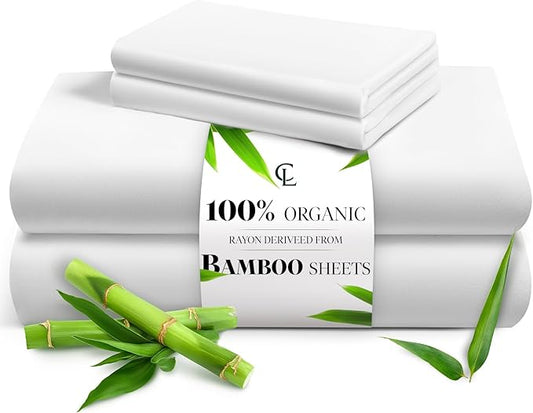 LuxClub King Size Sheets Set, 100% Rayon Derived from Bamboo Cooling Sheets, Breathable & Soft Deep Pocket Up to 16", Hotel Luxury Silky Sheets King Size, White