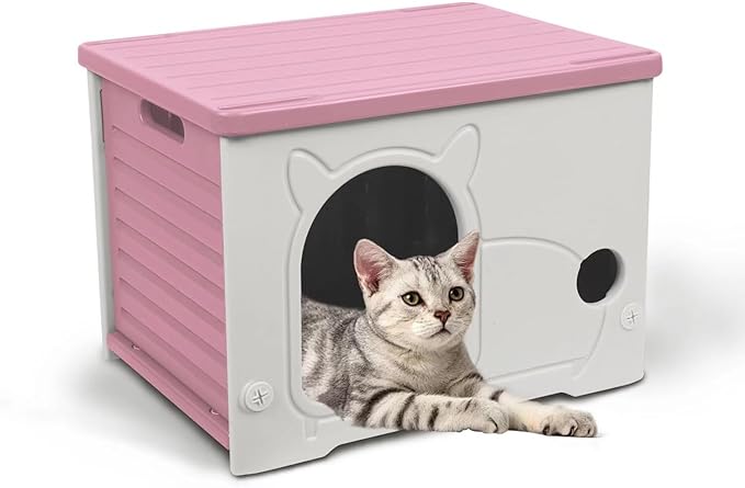 Plastic Outdoor Cat House Waterproof Feral Cat Shelter (Pink)-Mewly Pet