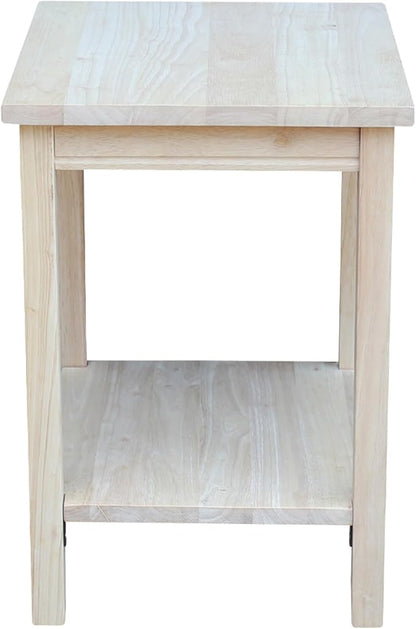 Portman Accent Table Solid Parawood Unfinished Wood 16"W x 14"D x 20"H with Shelf, Small Living Room Furniture for Painting or Staining, Traditional End Table for Bedroom or Entryway