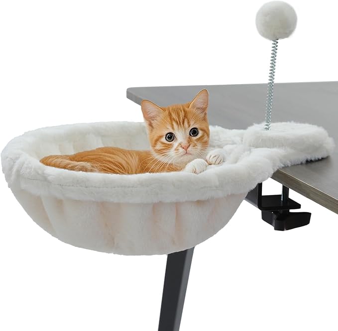 PAWZ Road Cat Bed for Desk with Interactive Plush Ball, 12 Inches in Diameter,Space-Saving Cat Desk Bed, White Cats Hammock for Table Supports Up to 40lbs, Medium-Mewly Pet