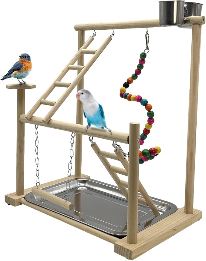Parrots Playground, Bird Play Gym Wood Perch Stand Colours Revolving Climb Ladders Swing Chewing Toys with Parakeet Feeding Cups Exercise Activity Center for Conure Cockatiel Lovebirds(Include a Tray)-Mewly Pet