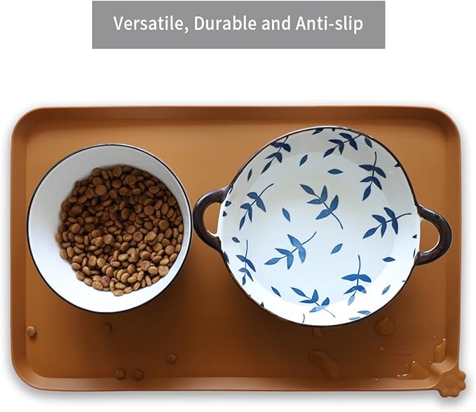 Hoki Found Silicone Pet Food Mats Tray - High-Lips Pet Dog Cat Bowl Mats - Dog Pet Cat Feeding Mat - Waterproof Dog Cat Food Mats -Pet Water Mats for Floors - Butterscotch-Mewly Pet
