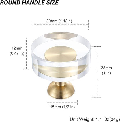 6-Pack 1-1/4-Inch White Cabinet Glass Crystal Brass knobs Brass Drawer Round Knobs Dresser Pulls, Gold Hardware Kitchen Closet knobs for Bifold Doors