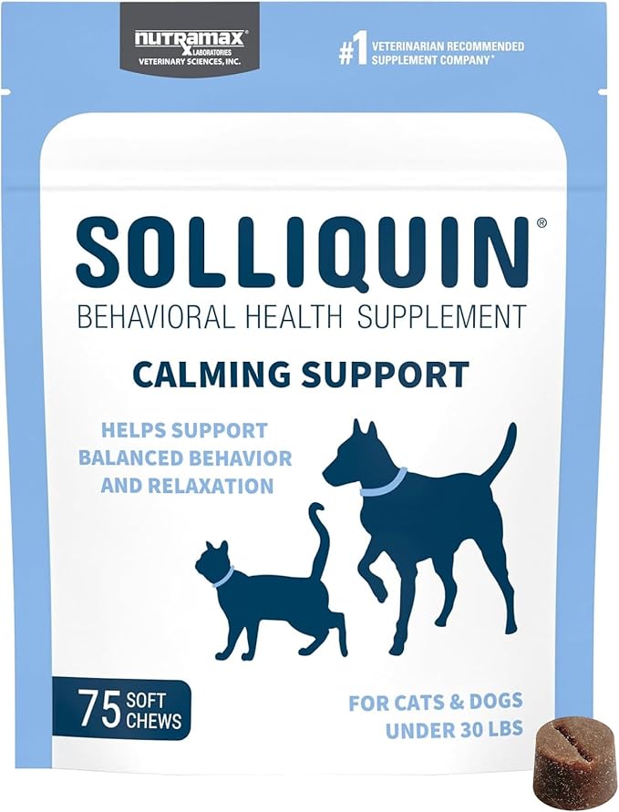 Nutramax Solliquin Calming Behavioral Health Supplement for Small to Medium Dogs and Cats - With L-Theanine, Magnolia / Phellodendron, and Whey Protein Concentrate, 75 Soft Chews-Mewly Pet