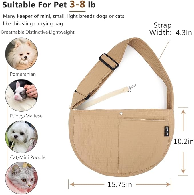 NATUYA Small Dog Carrier Sling Cat Sling, Adjustable Strap Comfy Stylish Puppy Pouch with Big Pockets for Travel Walking Subway (Brown,Adjust Strap-Canvas)-Mewly Pet