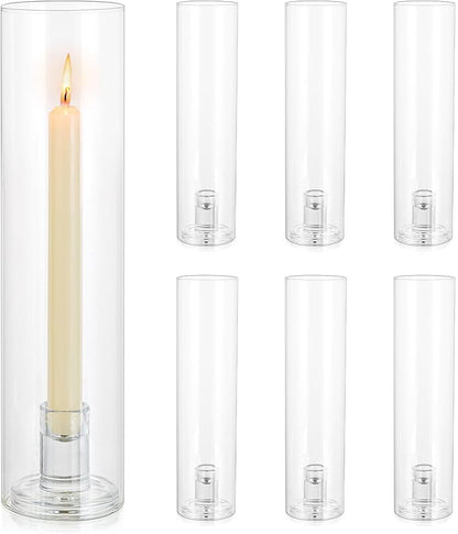 Glass Hurricane Candle Holder: 11.8" Tall Candlestick Holder Bulk with Cylinder Windproof Cover Set of 6 Clear Taper Candle Holders for Wedding Party Birthday Christmas Decor