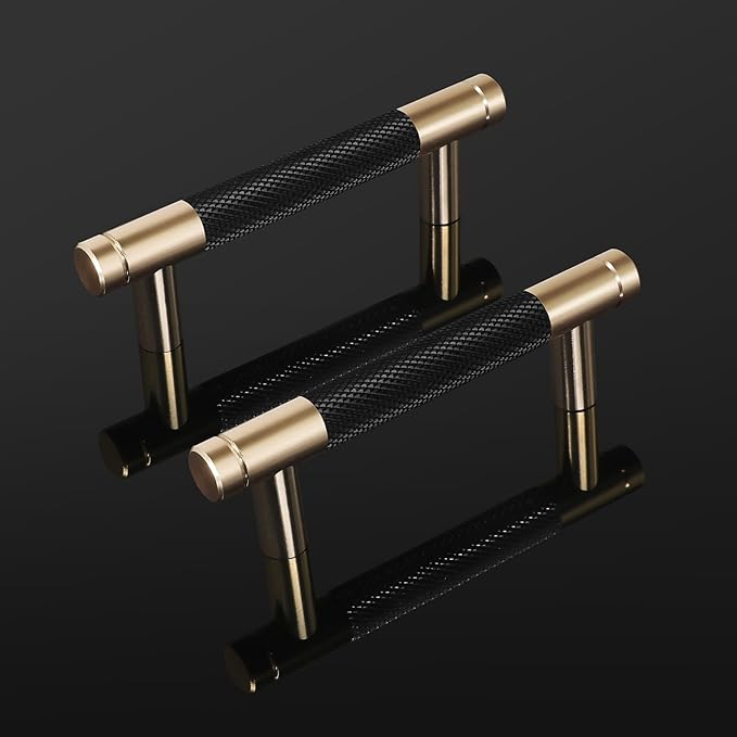 Knurled Cabinet Pulls 2 Pack, 4 Inch Long Cabinet Handles Metal Door Pulls, Kitchen Drawer Pull Knurled Dresser Handles - 3" Hole to Hole, Black & Gold