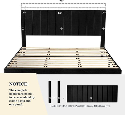 Allewie King Bed Frame/Velvet Upholstered Bed Frame with Vertical Channel Tufted Headboard/Strong Wooden Slats/Platform Bed Frame/Mattress Foundation/Box Spring Optional/Easy Assembly/Black