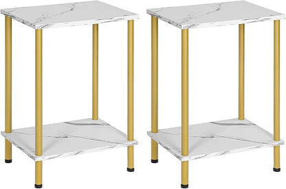 HOOBRO End Tables Set of 2, Small Side Table, Nightstand with 2-Layer Storage Shelves, Sofa Table for Small Spaces, Living Room, Bedroom, Stable Frame, Easy Assembly, Gold and Marble DM09BZP201