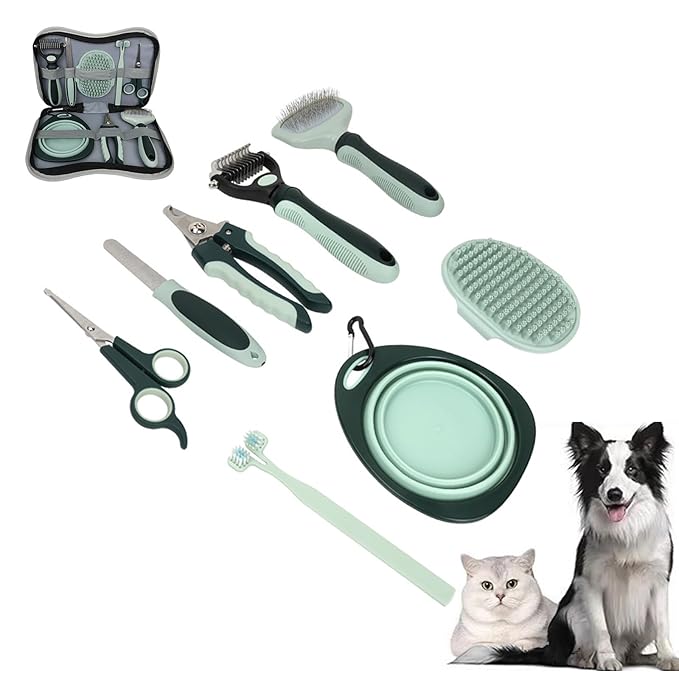 8-in-1 Pet Grooming Kit for Dogs & Cats - Includes Slicker Brush, Nail Clippers, Comb, Scissors, Toothbrush & Collapsible Bowl - Deshedding, Hair Trimming & Care Set, Travel Bag-Mewly Pet