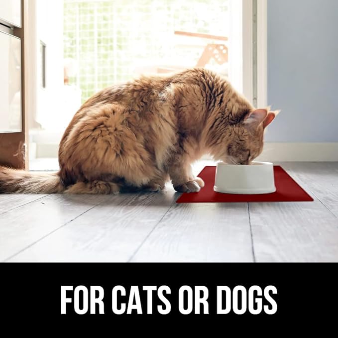 GORILLA GRIP 100% Waterproof Raised Edge BPA Free Silicone Pet Feeding Mat, Dog Cat Food Mats Contain Spills Protects Floors, Placemats for Cats and Dogs Water Bowl, Pets Accessories 23x15 Red-Mewly Pet