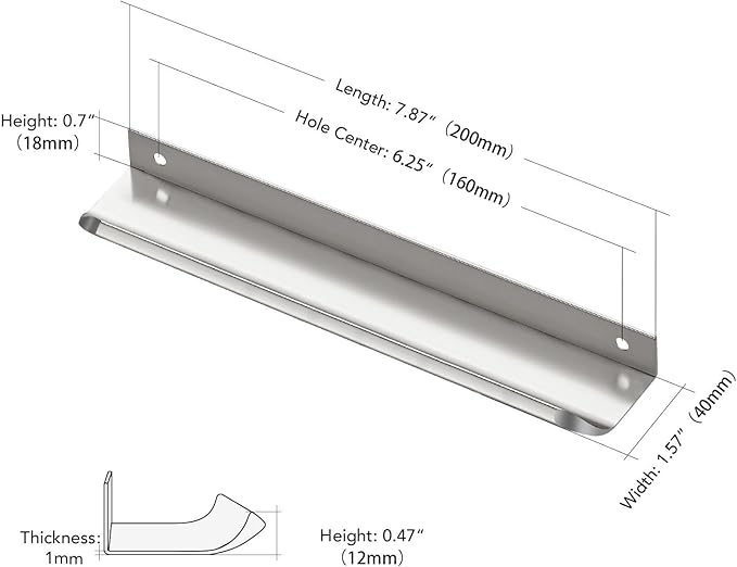Ravinte Hardware 20 Pack Silver Cabinet Handles, 7.8 Inch (200mm) Finger Edge Pulls, 6-1/4 Inch Hole Center, Finger Pulls for Cabinets