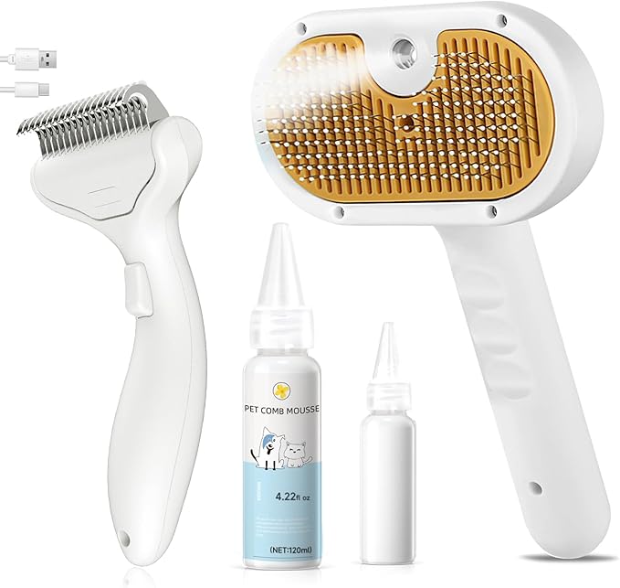3-in-1 Pet Steam Brush Set for Dogs & Cats, Grooming Comb with Spray, Defur Tool, Water-Assisted Hair Removal, Spritz Brush, Multi-Purpose Kit, Undercoat Rake, Deshedding Brushes, Dematting Brush.-Mewly Pet