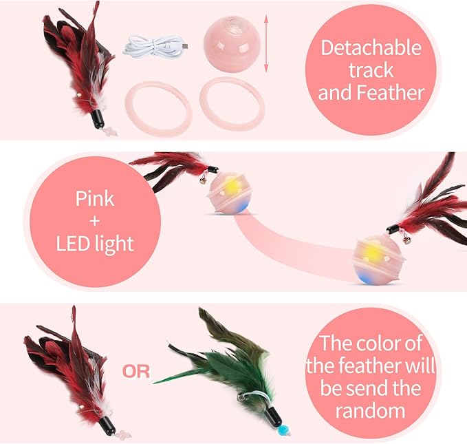 Colurful LED Interactive Cat Feather Toy Ball for Bored Indoor Adult Cats Chase Automatic Moving Ball Rechargeable Self Rolling Automated Tumbler Toy Electric Cat Toy (Pink)-Mewly Pet