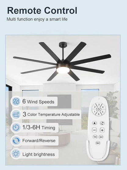 YUHAO 62 Inch Black Ceiling Fan with Light and Remote Control.Noiseless,Dimmable,3CCT,6 Speeds Reversible, DC Ceiling Fans for Indoor or Covered Outdoor