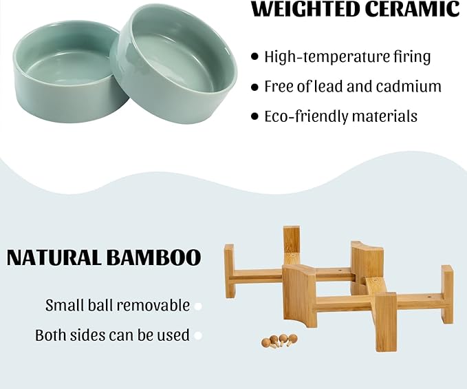 SPUNKYJUNKY 15° Slanted Ceramic Dog and Cat Bowl with Wooden Stand, Tilted Bulldog Food and Water Bowl No Slip Non-Spill for Cats Medium Dogs Big Face Pets 28.7 OZ (3.6 Cups, Morandi Green × 2)-Mewly Pet