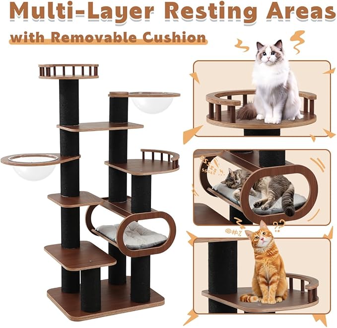 70.9'' Black Cat Tree for Indoor Cats Large Adult, Heavy Duty Cat Tower with Scratching Post, Modern Kitty Tree with Removable Mats, Semi-closed Condo and Transparent Bowl, Wooden Luxury Cat Furniture-Mewly Pet