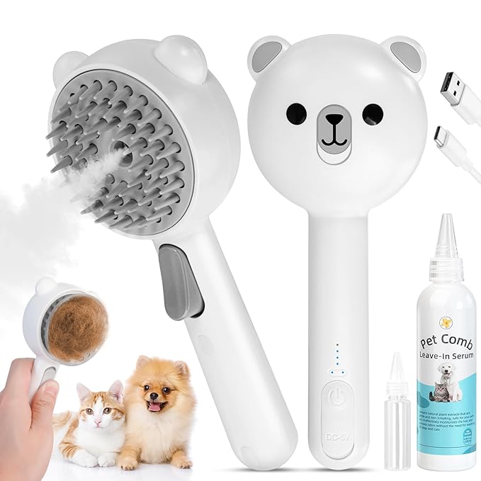 4 in 1 Pet Steam Brush for Cat & Dog, Cat Steam Brush for indoor Cats, Self Cleaning Shedding & Grooming Tool with Waterless Shampoo, Pet Spray Hair Removal Comb with Release Button & Water Tank-Mewly Pet