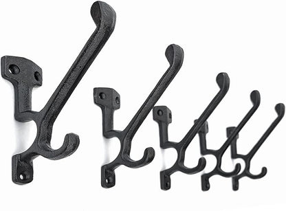 5 Pack Decorative Cast Iron Heavy Duty Double Hooks, Wall Mounted Coat Hooks, Vintage Inspired (Antique Black) (Type-7 Type)
