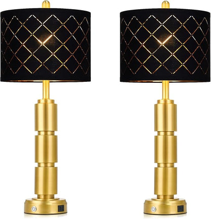 Set of 2 Modern Table Lamps for Living Room Bedroom,29" Tall Bedside Lamp with 2 USB Port,Gold Metal Touch Nightstand Lamp with Black Grid Shade for End Table Entryway,Gold