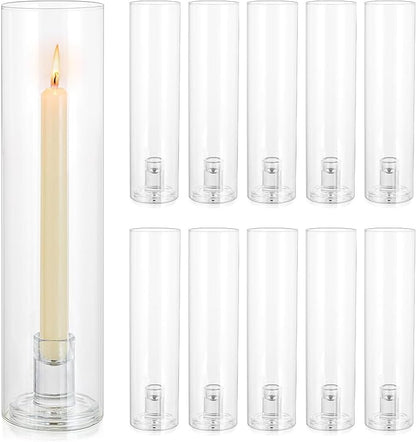 Glass Hurricane Candle Holder: 11.8" Tall Candlestick Holder Bulk with Cylinder Windproof Cover Set of 10 Clear Taper Candle Holders for Wedding Party Birthday Christmas Decor