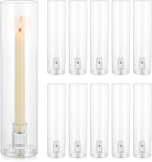 Glass Hurricane Candle Holder: 11.8" Tall Candlestick Holder Bulk with Cylinder Windproof Cover Set of 10 Clear Taper Candle Holders for Wedding Party Birthday Christmas Decor