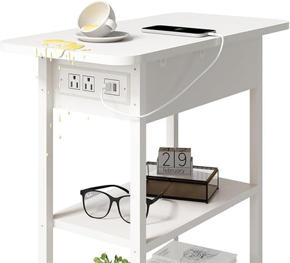 LIDYUK End Table with Charging Station, Flip Top Side Table with USB Ports and Outlets, Nightstand for Small Spaces, Bedside Tables with Storage Shelf for Living Room, Bedroom, White