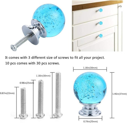 IEIK10 PCS Crystal Cabinet Knobs Azure Blue Round Glass Bubbles Knobs Smooth Drawer Pulls Handle for Home, Cabinet, Drawer and Dresser with 3 Different Size Screws, 30MM (Aqua Blue)