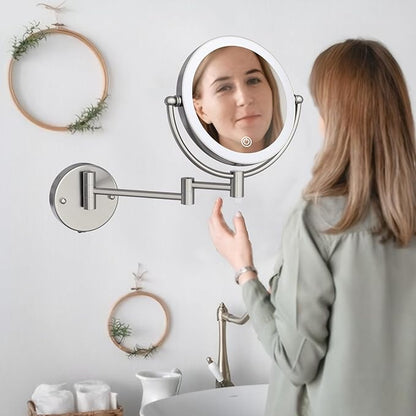 Hard Wired Makeup Mirror with Lights Wall Mounted with Magnification, 8 Inch Double Sides 10X Magnifying Bathroom Mirror 3 Color Lighting Touch Dimming, Extended Arm Shaving Mirror, Brushed Nickel