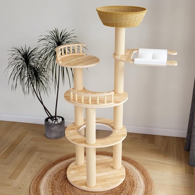 Modern Wood Cat Tree for Large Cats,Luxury Rattan Oak Cat Trees Towers，Rattan Cat Tree with Capsule &Hammock，3 Weaving Cat Nests & Washable, Sisal Scratching Posts, for Indoor Cats, (Large 02)-Mewly Pet