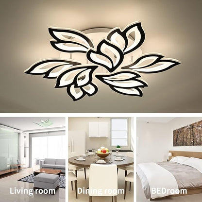 Garwarm LED Ceiling Light, Dimmable Modern Flower Shape Flush Mount Ceiling Lamp, 75W Acrylic Petals Ceiling Chandelier Lighting with Remote Control for Living Room Bedroom Dining Room (Black)
