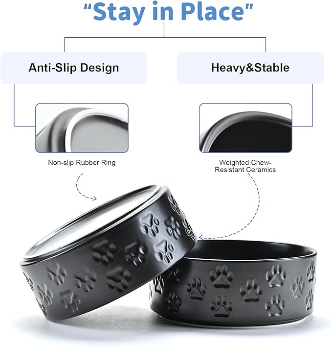 SPUNKYJUNKY Ceramic Dog Bowls 2 Pack, 7.3'' Dog Food Water Double Feeding Bowls Non-Slip for Medium to Large Sized Breed Microwave Dishwasher Safe - 42 OZ, 2pcs, Paw Black-Mewly Pet