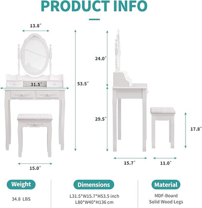 Vanity Table Set ,Makeup Table with Oval Mirror & Stool, Bedroom Wood Dressing Table with 4 Drawers White
