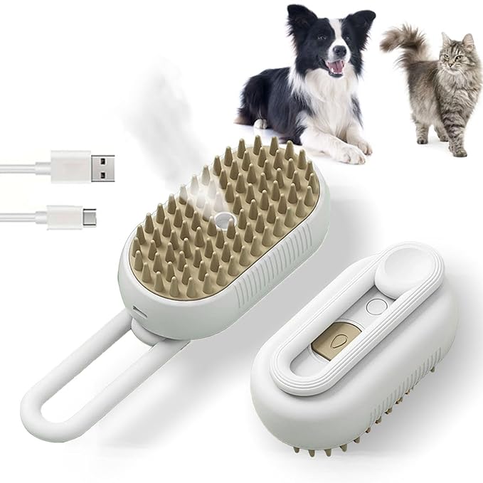 Cat Steam Brush for Shedding, 4 in 1 Rechargeable Pet Steam Brush for Dogs and Cats, Anti-Static, Massage, Cleaning, Shedding & Combing All In One! (White)-Mewly Pet