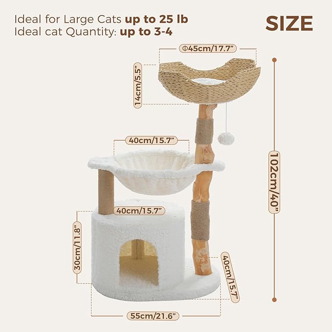 PAWZ Road Modern Cat Tree with Natural Solid Wood Scratching Post, 40 Inches Cat Tower with Spacious Wicker Basket,Large Hammock,Luxury Condo for Indoor Cats-Mewly Pet