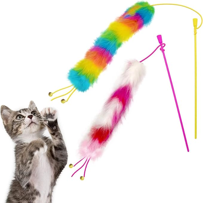 2 Pack Cat Wand Toy, Rainbow Cat Feather Toys with Bells, Teaser Wand with Soft Furry Tail, Interactive Toys for Indoor Cats & Kitten & Kitty-Mewly Pet