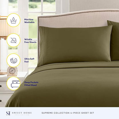 Queen Size Bed Sheets - Breathable Luxury Sheets with Full Elastic & Secure Corner Straps Built In - 1800 Supreme Collection Extra Soft Deep Pocket Bedding Set, Sheet Set, Queen, Olive