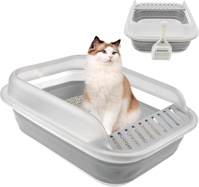 Open Cat Bedpan with Spoon,Shallow Splash Proof Travel Litter Box with Sand Drop Pedal High Side Low Entrance Cat Toilet Semi-Enclosed Adjustable for Kittens Elderly Cats Disabled Cats(Gray)-Mewly Pet