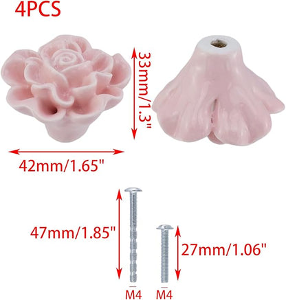 4PCS 1.65" × 1.3" Ceramics Light Pink Rose Knobs Flower Shaped Drawer Pulls for Cupboard with 2 Kinds of Screws